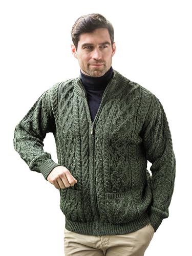 Aran Crafts Mens Zip Cardigan Army Green XXL, Made in Ireland (XP3016-XXL-AGRE)