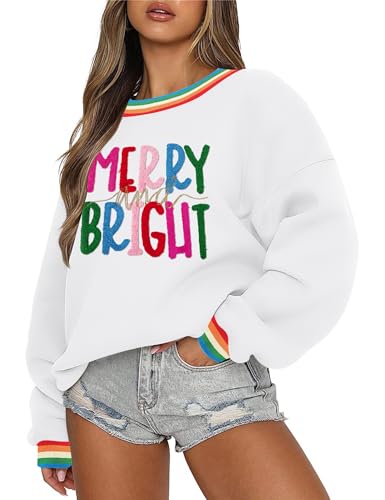 LOMON Graphic Sweatshirts for Women Oversized Crewneck Long Sleeve Christmas Sweatshirt Pullover Xmas SweaterA-White Merry and Bright XL
