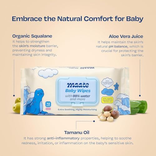 Image of Maate Baby Wipes | Soothing & Hypoallergenic | Infused With Plant Squalane, Tamanu Oil & Aloe Vera | Moisturizing & Hydrating | Wipe for Baby's | Paraben & Sulphate Free (pack of 1, 4 wipes)