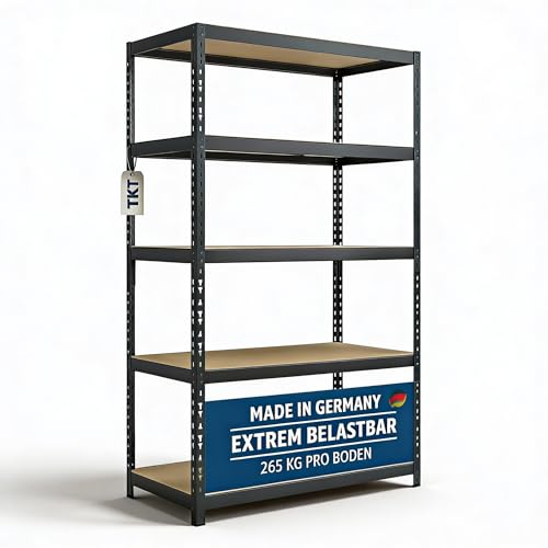 TKT Work System Steckregal mit Holzböden & Unterzug 180x92x46cm - Regal mit 265kg Tragkraft pro Boden. Schwerlastregal mit 5 Böden für Werkstatt Wohn- & Kellerraum. Anthrazit