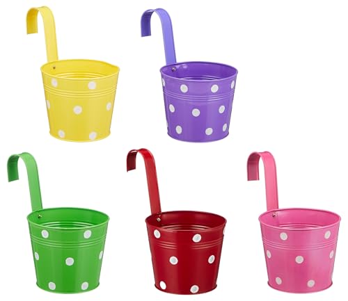 Image of Amazon Brand - Solimo Dotted Round Railing Planter for Balcony (Multicolor, Set of 5) | Dotted Railing Metal Pots for Balcony and Home Gardening, Indoor, Outdoor
