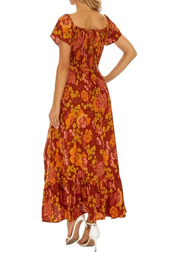Image of Summer Smocked Boho Maxi Dress for Women 2026 Short Sleeve Floral Smocked Flowy Ruffled Beach Vacation Dresses Lightweight