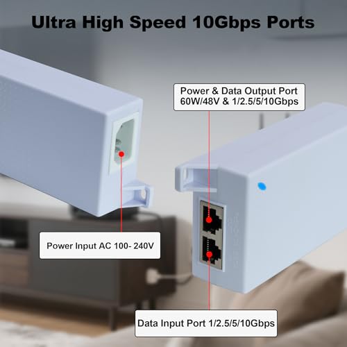 Image of PoE++ Injector 10G, Power Over Ethernet Plus Adapter, White | 1G /2.5G /5G /10Gbps, 802.3af /at /bt, Delivers 15.4W /30W /60W, Up To 100 M (328 ft), Ultra-High-Speed and High-Power Devices