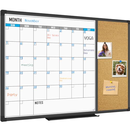 XBoard Dry Erase Calendar Whiteboard 28 X 20 - Combo White Board Calendar Monthly, Magnetic White Board + Corkboard with Black Aluminum Frame 28" x 20" - Combo