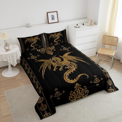 Image of Feelyou Dragon Bedding Set Kids Boys Teens Gothic Damask Paisley Floral Comforter Set Full Size Women Bohemian Exotic Duvet Insert Animal Theme Room Decor,Gold Black