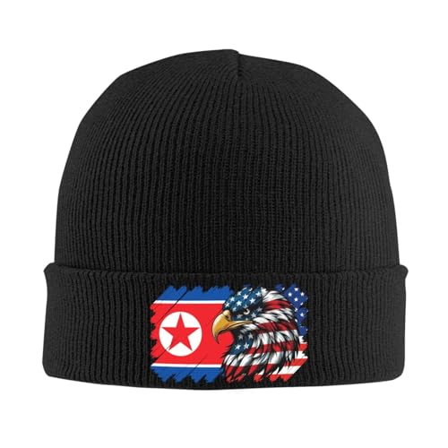 America & North Korea Eagle Flag Beanie Knit Hat Black