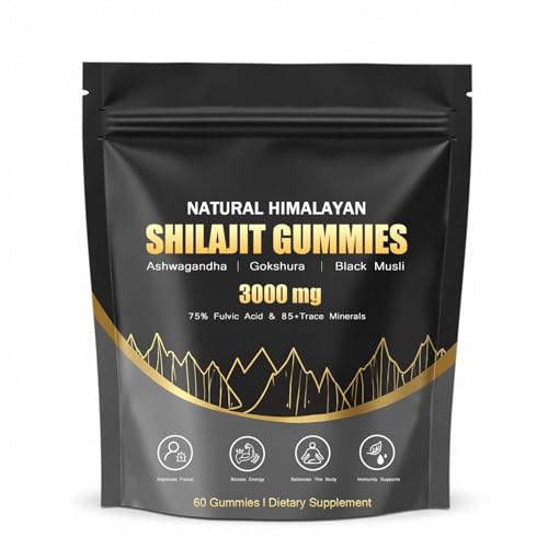 Puranutra Shilajit Gummies, Natural Himalayan Shilajit Gummies for Women & Men, with Ashwagandha, Gokshura, Black Musli, 75% Fulvic Acid, 85+Trace Minerals, Non-GMO, 100% Natural, 60 Gummies