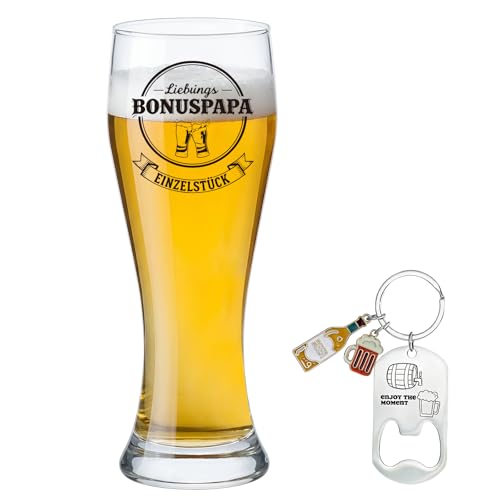 BeBeiZi Bierglas für Bonuspapa mit Flaschenöffner Lustiges Geschenk für Stiefvater zum Geburtstag & Vatertag Weizenglas 460ml Geschenkidee für den besten Bonus Papa