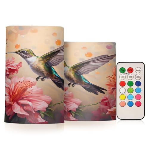 Image of senya Lights Flameless Candles Spring Pink Flower Hummingbird Pillar Candles Set of 2 Battery Operated Remote Control Warm Lights Home Decor