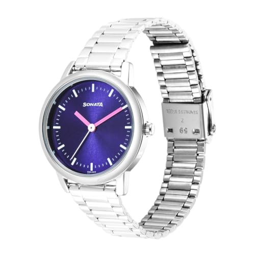 Image of Sonata Plain 3 Hands Metal Blue Round Dial Steel Colour Stainless Steel Strap Womens Watch - 8172SM03