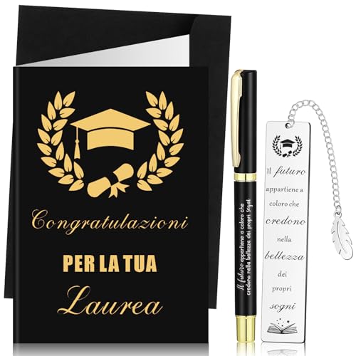 Clabby 3 Pezzi Set Regali di Laurea per Studente Segnalibro Metallo con Frasi Motivazionali Biglietto Congratulazioni Penna di Laureato Segnalibro in Acciaio Inox per Maestra Amica(Nero)