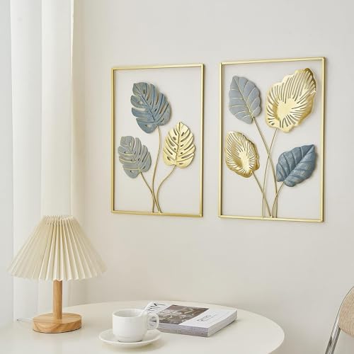 Image of Metal Wall Art Decor Frame for Living Room, Monstera Leaves Wall Home Decor, Room Decor Wall Sculptures Hanging Decorations for Bedroom, Bathroom, Office Decor (Multicolor)
