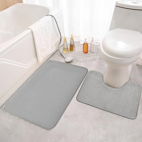 Juego de 2 alfombrillas de baño de microfibra, antideslizantes y con recorte, lavable, juego de alfombrillas de baño pequeñas para bañera, inodoros independientes, 50 x 80 + 50 x 40 cm, gris