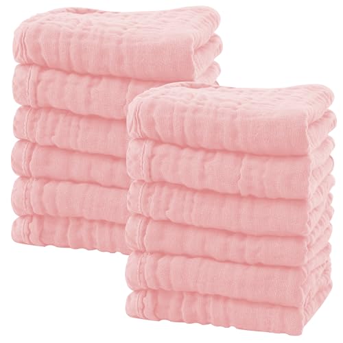 Image of SWEET DOLPHIN 12 Pack Baby Muslin Washcloths - Soft Face Cloths for Newborn, Absorbent Bath Wash Cloths, Wipes, Burp Rag - Toddlers Essentials Stuff, Baby Registry as Shower -10"x10", Pink