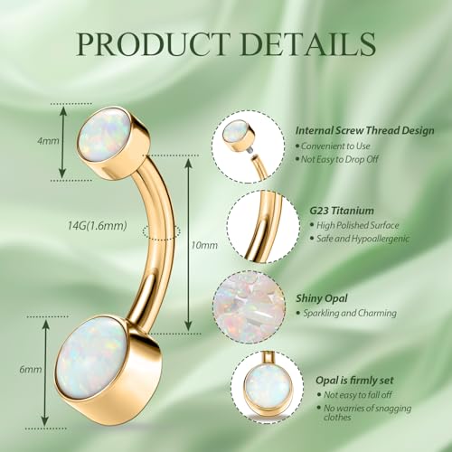 FUNLMO Titanium Belly Button Ring 14G Belly Button Piercing Internally Threaded Belly Ring Opal Floating Navel Piercing Jewelry Flat Back Navel Ring 10mm2