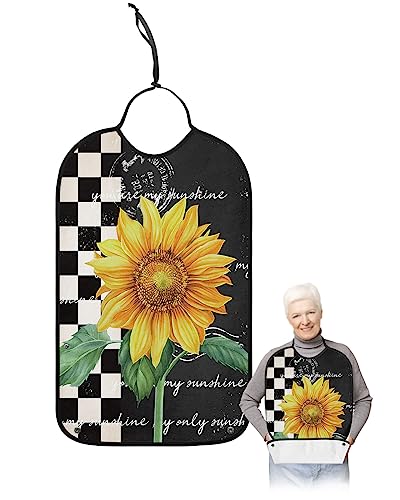 Summer Sunflower Adult Bibs for Eating, Waterproof Bibs with Food Catcher & Adjustable Snap Closure, Rustic Spring Floral Black White Plaid Clothing Protectors Adult Bibs for Elderly Women/Men