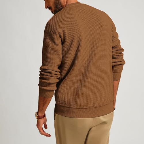 Mens Crewneck Pullover Sweater Waffle Textured Long Sleeve Knitted Sweaters3