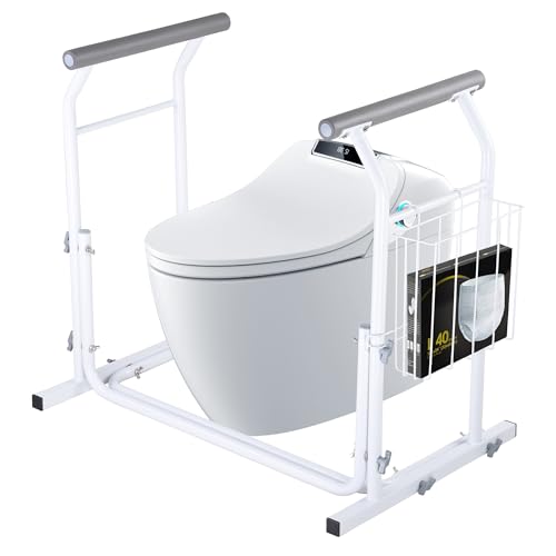 HeyJiaYu Toilet Safety Rails with Soft Foam Padded Handles Removable Fixable Storage Basket, Metal Frame Bathroom Assistance Aid to Help Stand 375 Lbs Capacity