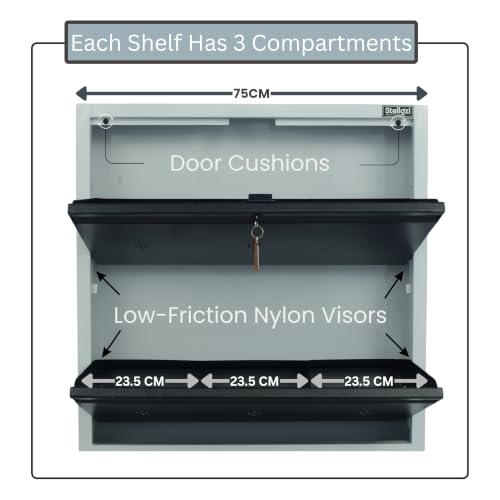 Image of Premium 4 Door Wall Mount Metal Shoe Rack | 30 inch Wide | Fits Size 12 | Dual Lock 2+2 Door Setup (Dark Brown, 4 Door)