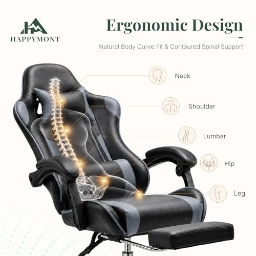 Image of Computer Gaming Chair with Footrest, Ergonomic High Back PU Leather Video Racing Chair with Adjustable Headrest & Linkage Armrest, for Office and Home, Adults, Grey
