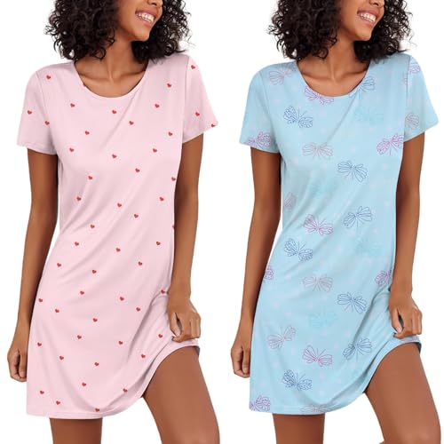 Ekouaer Damen Nachthemd Zweiteiliger Floral Sleepshirt Kurzarm Nachtwäsche Schlafhemd Sommer Nachtkleid Kurz Negligees 2er Pack, Herz+Schmetterling, XL