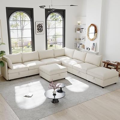 129-Inch Oversized 8 Seat Modular Cloud Sofa Deep Seat Storage Sectional Sofa Couch Free Combination W/Movable Ottomans,L/U Shaped Chenille Upholstered Convertible Sleeper Couch for Home Apartment