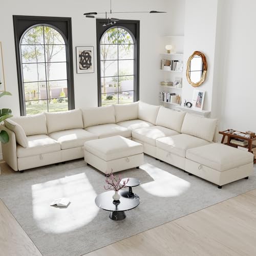 129-Inch Oversized 8 Seat Modular Cloud Sofa Deep Seat Storage Sectional Sofa Couch Free Combination W/Movable Ottomans,L/U Shaped Chenille Upholstered Convertible Sleeper Couch for Home Apartment