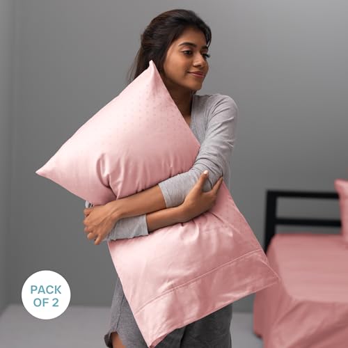 Image of Blue Dahlia 100% Cotton, Standard Size Pillow Covers (18 inch x 28 inch), Set of 2 Pillow Covers, Silky Smooth Feel, 300TC Dotted Premium Pillow Covers, Colour: Soft Pink