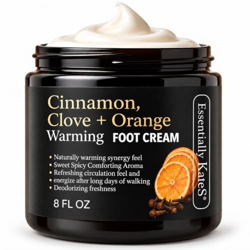 Essentially KateS Cinnamon Clove Orange Warming Foot Cream 8 oz – Moisturizing Foot Cream for Dry Cracked Feet, Softening Heel Repair Lotion, Soothing Foot Care