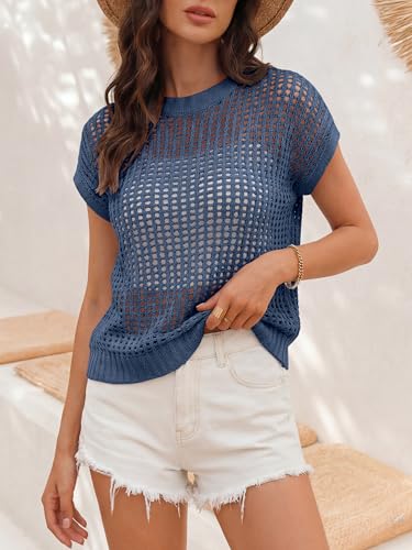 Image of ANRABESS Short Sleeve Sweater for Women Summer Crochet Knit Tops