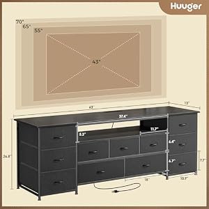 Huuger 63 Inch TV Stand for 65, 70 Inch TV, 11 Drawer Long Dresser with Power Outlets and LED Lights, Entertainment Center with Storage, Black Dresser with PU Leather Surface — photo 3 of 6