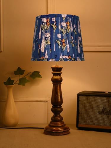 Image of Green Girgit Classic Wooden Lamp in Walnut Brown Color with Pleeted Multiolor Blue Leaf Shade, Vintage Wooden Table Lamp with Floral Print Shade, Decorative Light for Bedroom (LED Bulb Included)