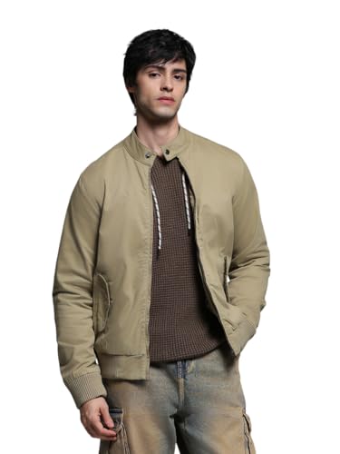 Image of Jack & Jones Men's Mock Collar Solid Cotton Casual Bomber Jacket, Standard Length