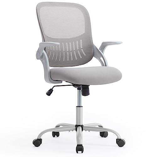 Image of DUMOS Office Computer Desk Chair, Ergonomic Mid-Back Mesh Rolling Work Swivel Task Chairs with Wheels, Comfortable Lumbar Support, Comfy Flip-up Arms for Home, Bedroom, Study, Student, Grey