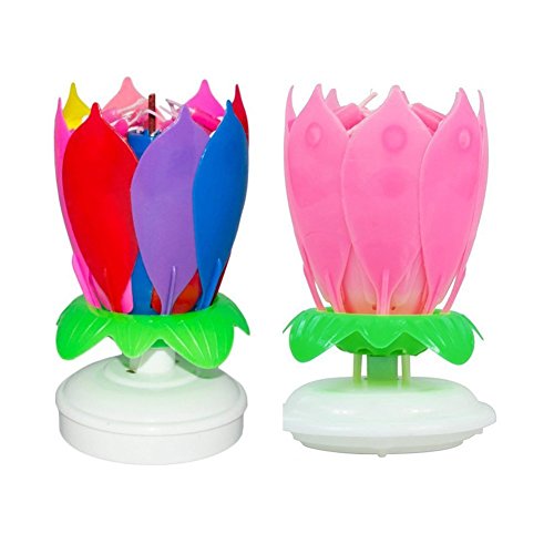 Lotus Flower Musical Birthday Candles, Spinning Flower with Auto-Opening Colorful Petals, Cake Candles, Safe for use Does NOT Contain Sparklers, Fireworks (1 Rainbow 1 Pink)