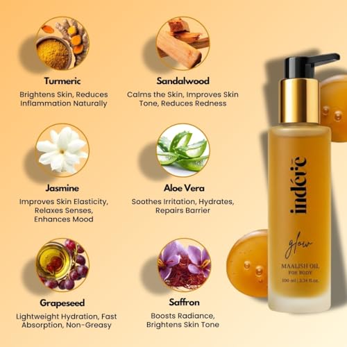 Image of Indevie Glow Body Oil with Mogra, Kesar & Chandan | Ideal for Daily Skin Moisturization | Ayurvedic, Non-Greasy Formula for Deep Nourishment and Glow | Free from Silicones, Parabens & Sulphates