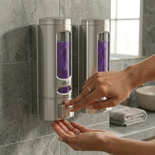 Image of ALTURAS Wall Mounted Liquid Soap Dispenser, ABS, 400 ML, for Shampoo, Sanitizer and Gel Handwash Dispenser (400 ML Silver Combo)