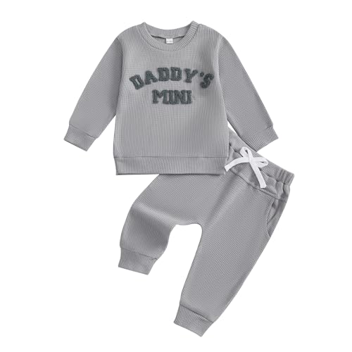 Geagodelia Baby Boy Fall Waffel Outfit Brief Stickerei Daddys Mini lange Ärmel Sweatshirt und elastische Hose 2 Stück Kleidung für Kleinkind (Hellgrau, 6-12 Months)