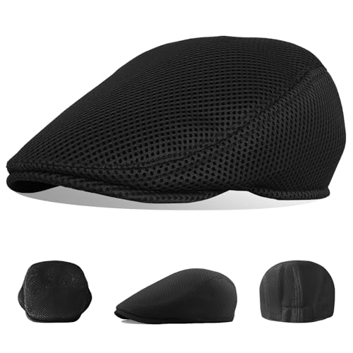 Image of meioro Men's Mesh Flat Cap Summer Breathable Newsboy Hats Beret Ivy Cap Gatsby Irish Cabbie Driving Hat Full Head Wrap