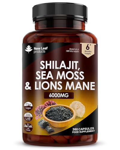 Shilajit Seamoss and Lions Mane Capsules 6000mg - High Strength Complex - 60% Fulvic Acid Shilajit, Irish Sea Moss, Lions Mane 100% Fruiting Body - Vegan, UK Made 360 Capsules