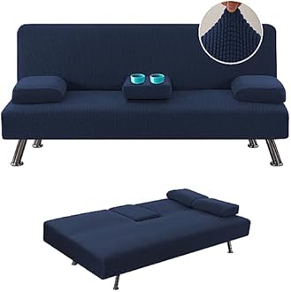 H.VERSAILTEX 4 Pieces Stretch Futon Covers Sofa Bed Slipcover with Removable Armrests and Cupholders Covers Furniture Protector High Spandex Small Checks Jacquard Fabric, Navy