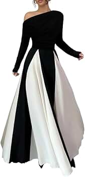 Women's Black and White Color Block Maxi Dress Off -Shoulder Women's Black and White Color Block Maxi Dress Off -Shoulder
