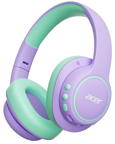 acer Kids Bluetooth Headphones, Over Ear Headphone for Kids with Mic, 75H Playtime, 85dBA Safe Volume, Bluetooth 6.0, USB C Fast Charging, Toddler Headphones for iPad/Tablet/Travel/School-Purple Green