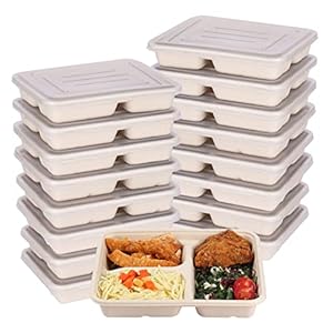 23 OZ 3 Compartments disposable plates with PP Lids food container sets Plant Fibers Freezer Safe 50 PACK