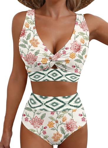 Herseas Women's 2 Piece Bikini Sets Twist Front Top Removable Padded Push Up Top Swim Suits V Neck High Waisted Tummy Control Retro Bathing Suit Casual Resort Wear Green Floral Print X-Small — view 5