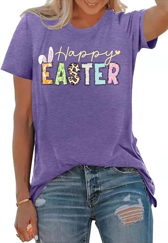 Womens Easter Shirts Cute Floral Bunny T-Shirt Leopard Print Tee Easter Gift Casual Top Shirts