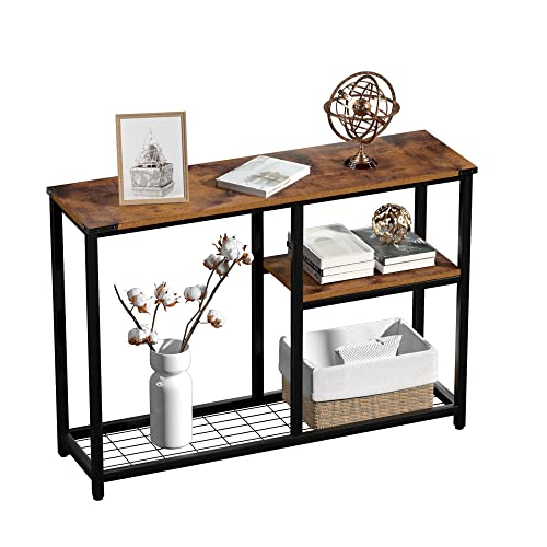 Console Sofa Table, 42 Rustic Console Table&TV Stand, 3-Tier Industrial Hallway Entryway Table, Open Bookshelf with Net Storage for Living Room Bedroom, Rustic Brown