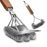 Vasmeiy 2 Stück Grillbürste, Grill Reinigungsbürste mit Holzgriff, Stahlborsten, Edelstahl Bürste, Dreieckig 360° Drahtbürste Grillzubehör für Holzkohlegrill Grillrost Reiniger Bürste