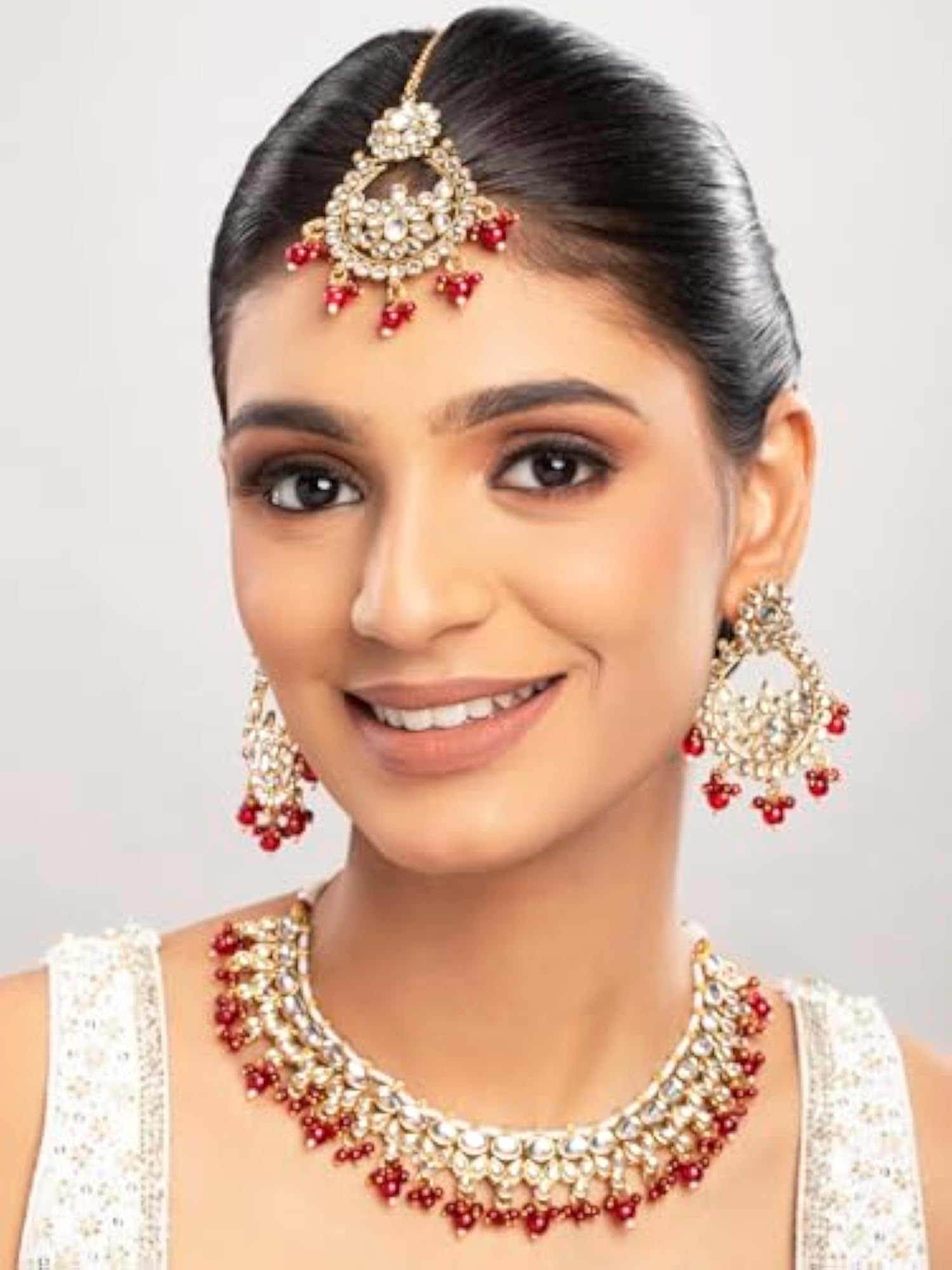 Gold Plated Kundan Red Beaded Jewellery Set with Maangtika