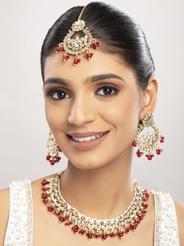 Gold Plated Kundan Red Beaded Jewellery Set with Maangtika